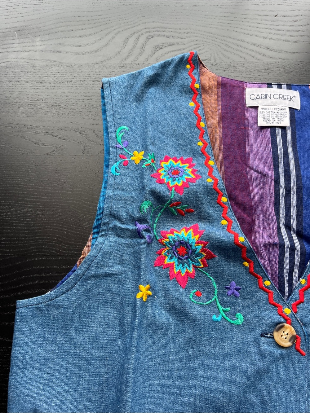 Brand New Vintage Cabin Creek Size M Reversible Denim & Striped Embroidered Vest - Picture 14 of 16
